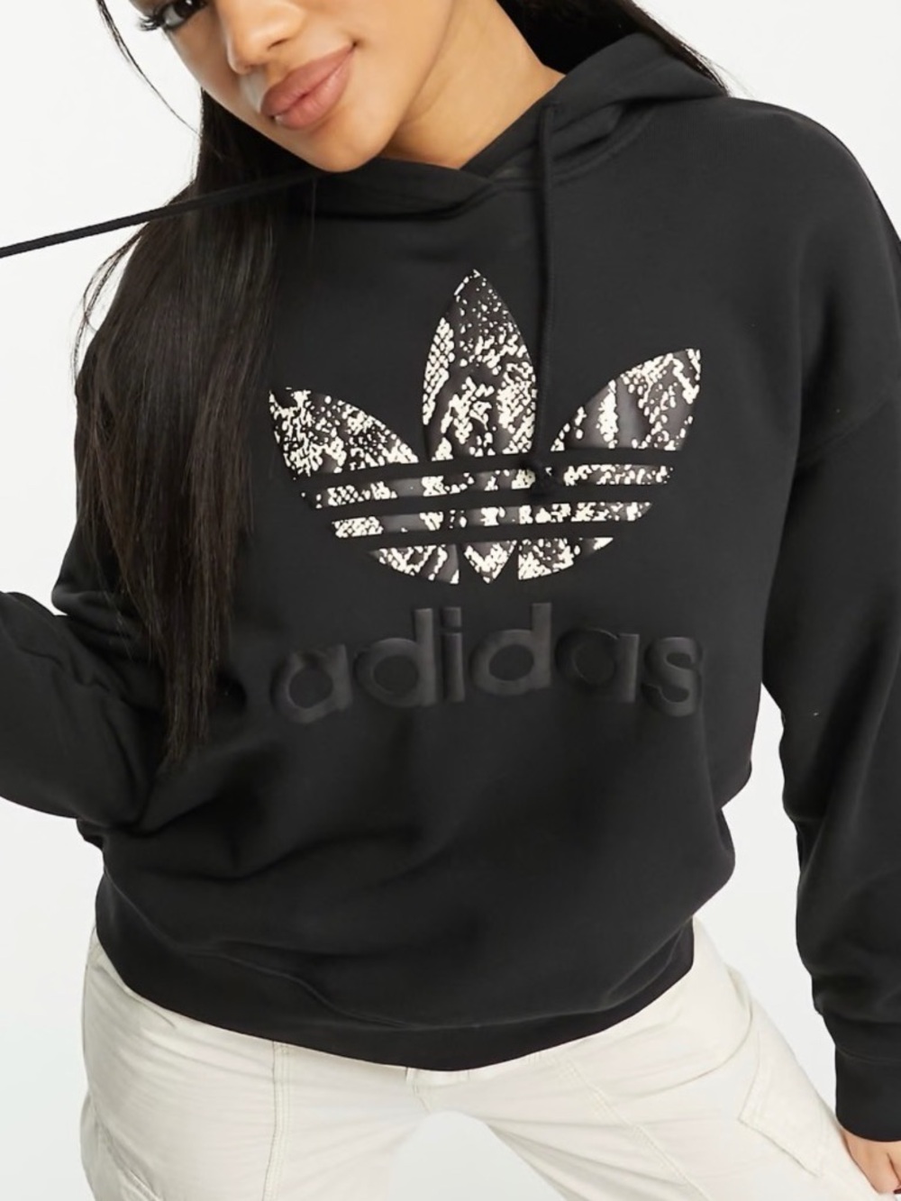 Adidas Originals Trefoil snakeskin print Cropped hoodie black. Size Small